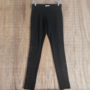 Cache Women's XS Black Ponte Leggings Sequin Lace Side Stripe Skinny Pants